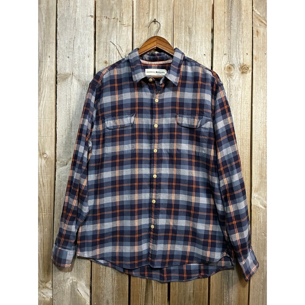 The Normal Brand Mens XL Flannel Shirt Navy Blue Orange Plaid Cotton Button Down
